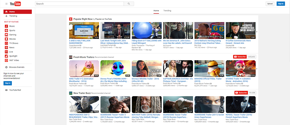 YouTube Front Page