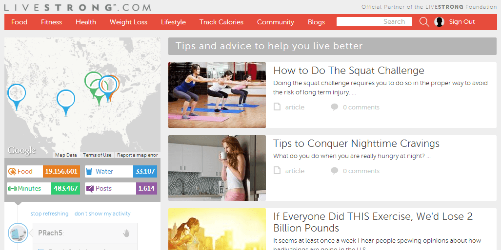 Livestrong Homepage Screenshot, Best Fitness Website